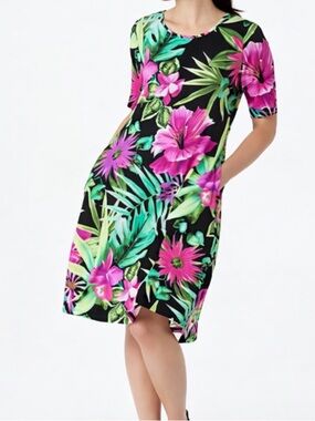 Susan Graver Printed Liquid Knit Elbow Sleeve Dress Pockets Pink & Black XL